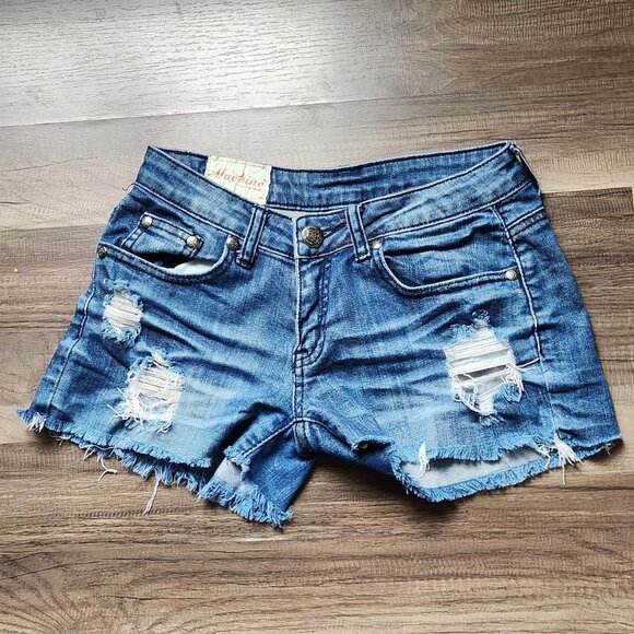 Casual Edgy Machine Nouvelle Mode Denim Distressed Shorts Frayed hem Size 26 S - Picture 1 of 6